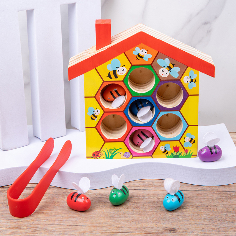 Montessori Shelf Toy - 木製ミツバチハウス、クランプミツバチと巣箱マッチングゲーム、モンテッソーリ色分類パズル、微細運動能力おもちゃ、早期教育ギフト