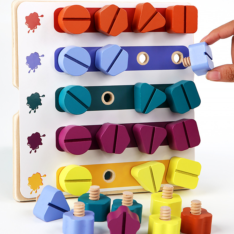 Montessori Shelf Toy - 子供のための木製のネジナット,アセンブリ形状と色を組み立てるためのブロックモンテッソーリ,教育ゲーム
