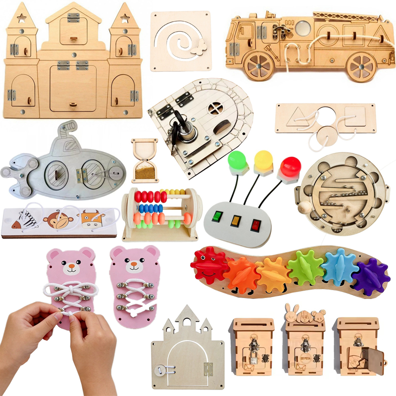 Kids Education Usa - DIY モンテッソーリビジーボード木製アクセサリーイチゴ車ネクタイ靴ひもボード城早期教育玩具子供のためのギフト